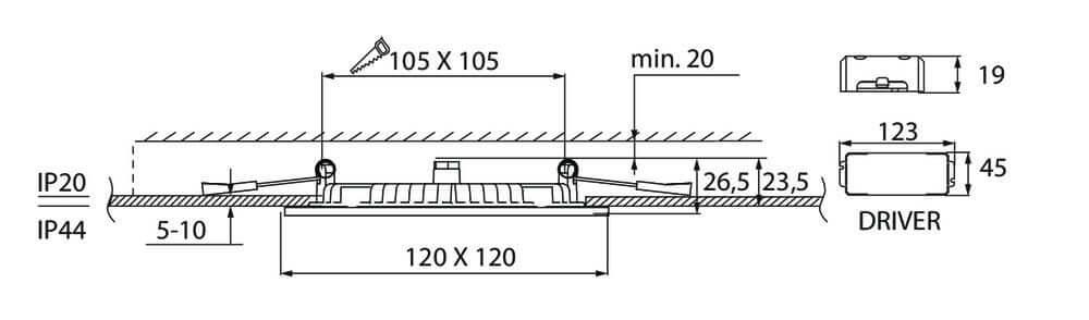 Alasvalo Airam Flat Sq, 9W, 500lm, IP44, himmennettävä, Ø120*26,5mm